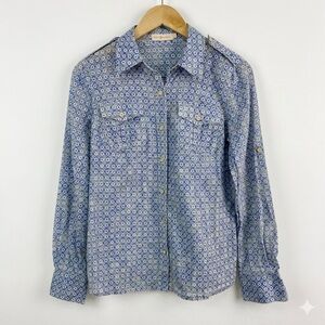 Tory Burch Blue Geometric Tile Print Roll Tab Utility Shirt Size 8